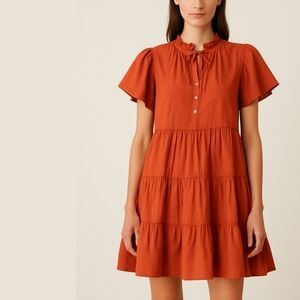 Sofia Women's Rust Pumpkin Cotton Short Sleeve‎ Relaxed Fit Tiered Mini Dress